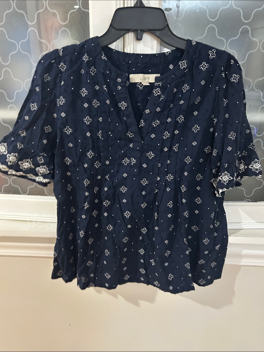 LOFT Navy Short-Sleeve Embroidered Peasant Blouse